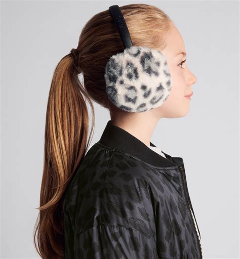 Kid's Earmuffs Ivory Faux Fur with Gray and Black Leopard Print .